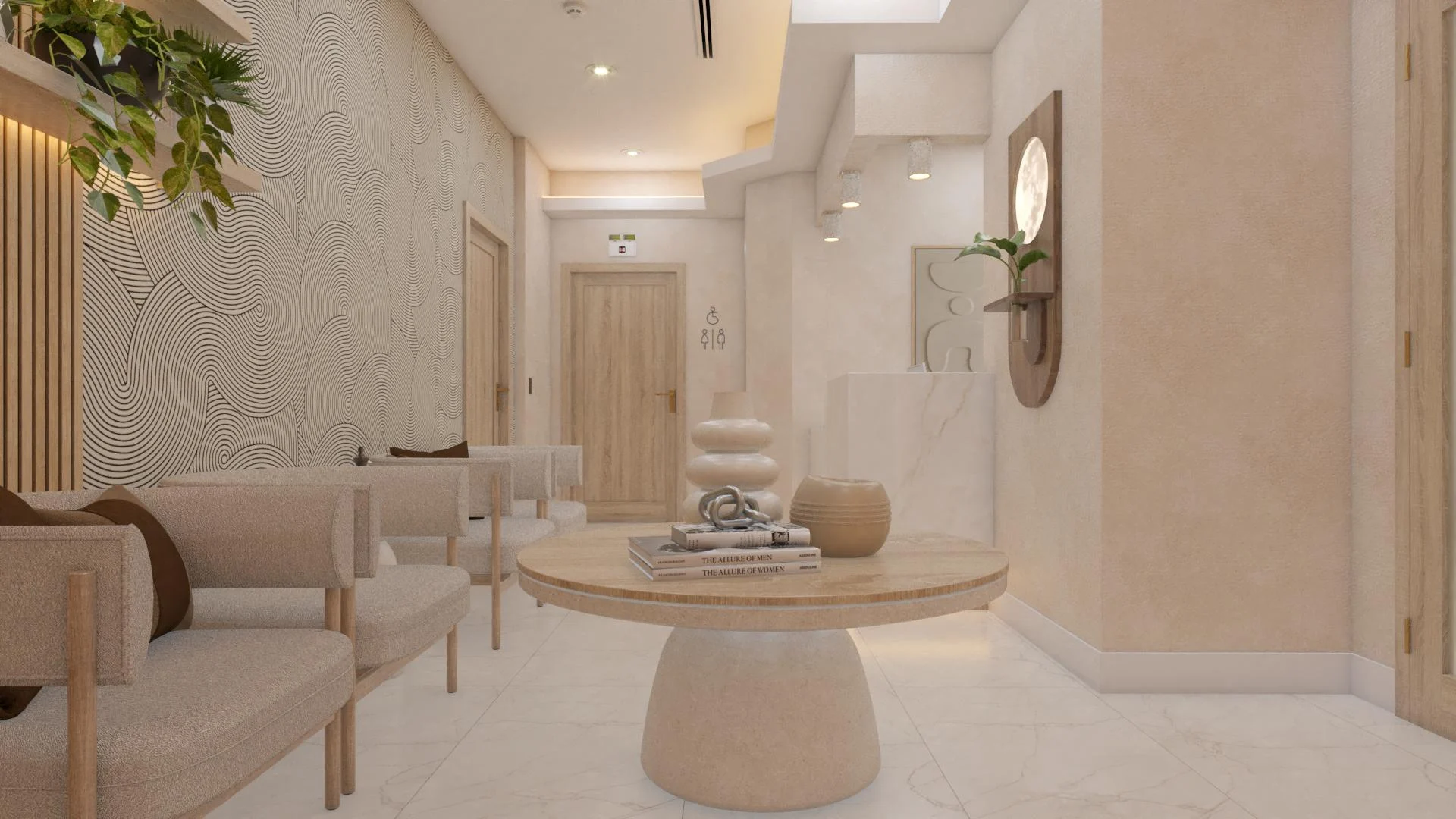 Good Hands Dental — Waiting area with a round stone-look table and upholstered armchairs, looking toward the corridor and restroom
