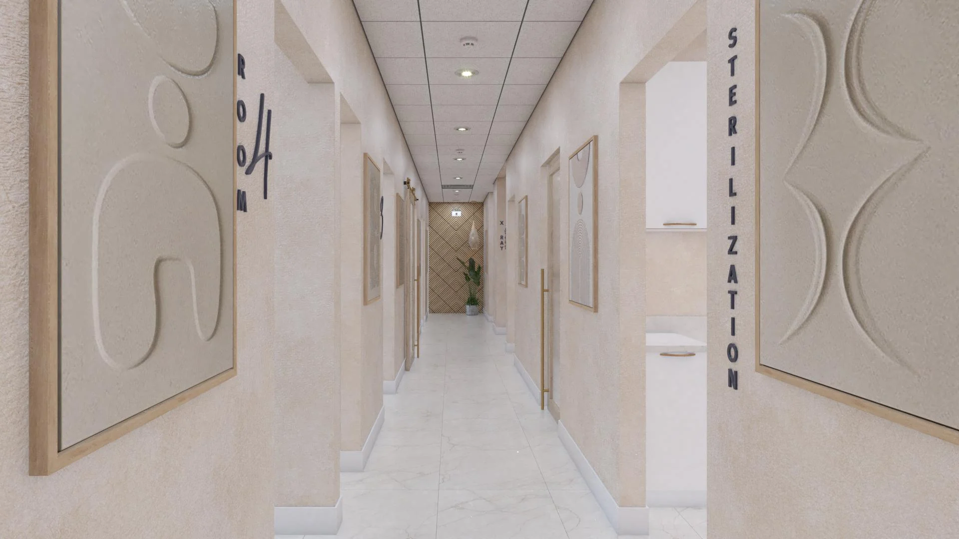 Good Hands Dental — Corridor with “Room 4” and “Sterilization” lettering beside framed plaster relief artworks