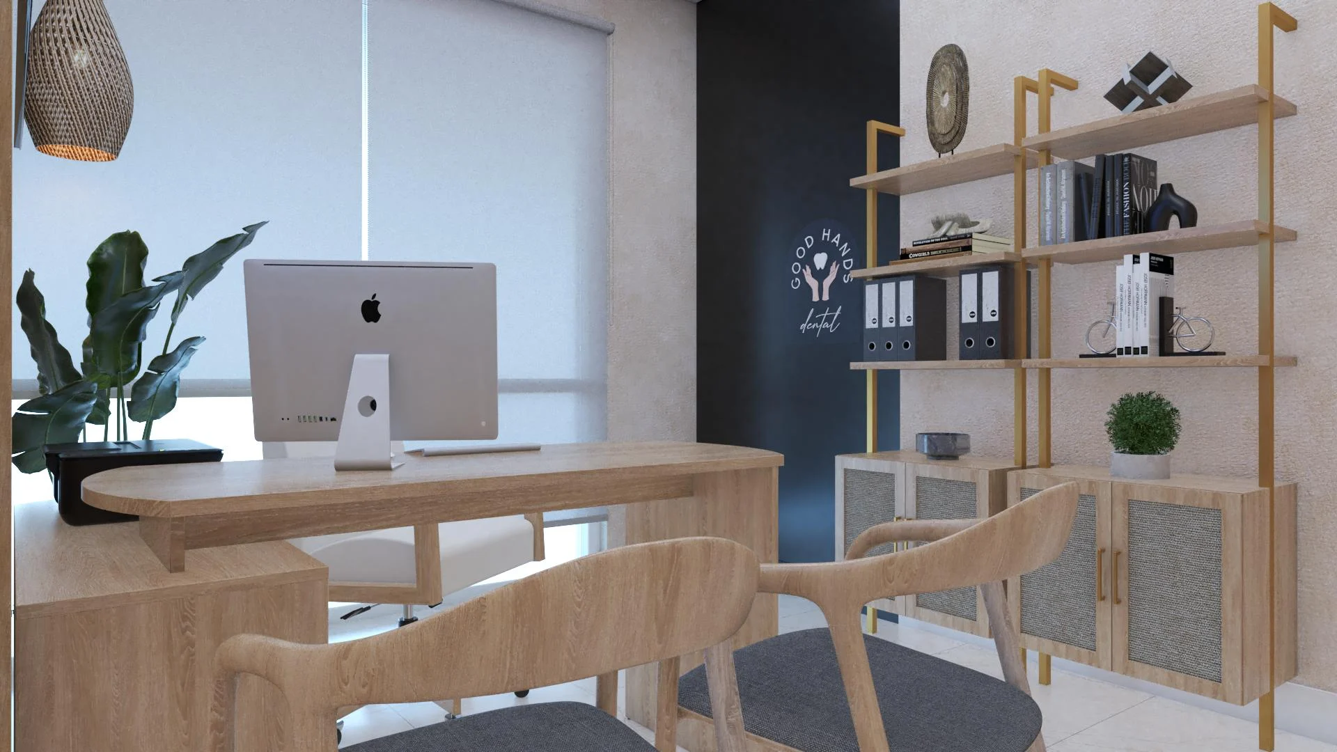 Good Hands Dental — Office with a wood desk and curved wood chairs, brass-toned shelving and a dark wall with the logo