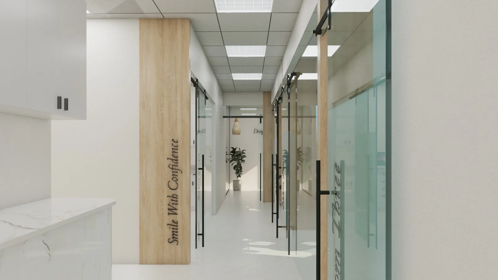 Habana Dental Care — Corridor of frosted glass sliding doors, with “Smile With Confidence” on a wood panel and a plant at the end