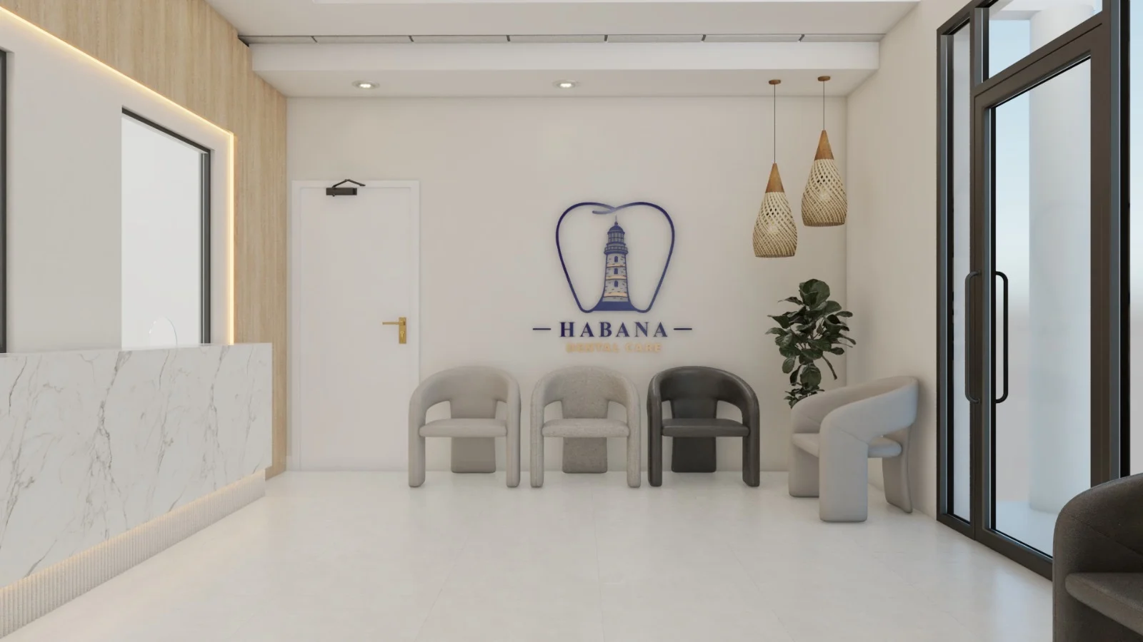 Habana Dental Care — Waiting area with gray armchairs beneath a lighthouse-and-tooth logo, beside a marble-look reception desk