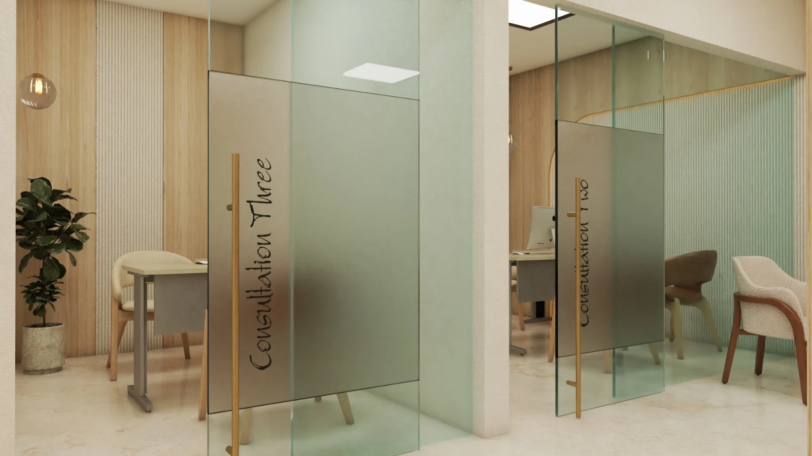 Hialeah Dental Office — Frosted glass doors with brass pulls, one marked “Consultation Three”, opening onto consultation offices