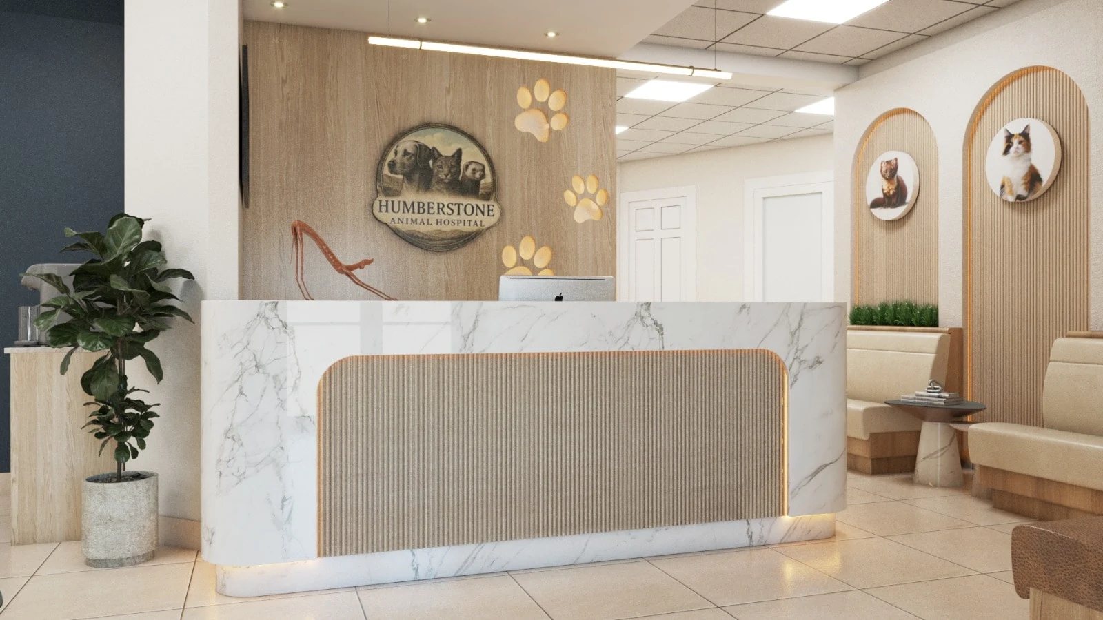 Humberstone Animal Hospital — Reception with a marble-look desk under a round logo with a dog, cat and ferret, beside backlit paw prints
