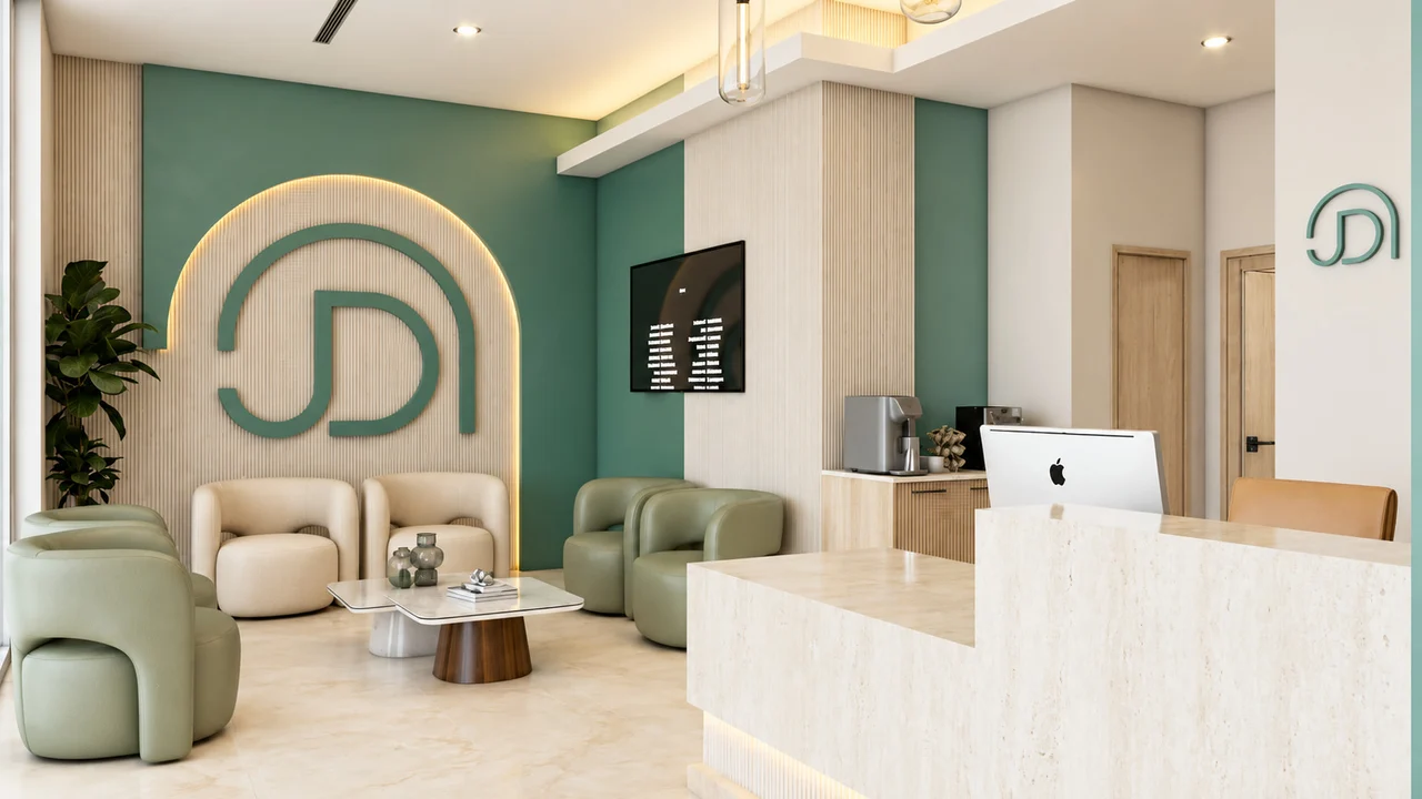 Waiting area with its arched, backlit monogram wall, seen at an angle beside the stone-look reception desk