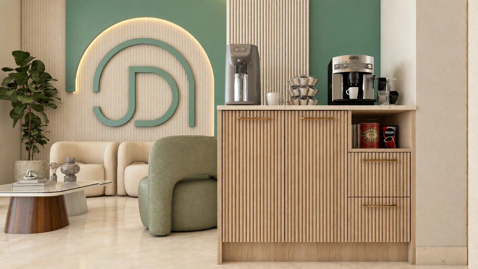 June Dental — Coffee station on a fluted light-wood cabinet beside a green armchair and the arched monogram wall