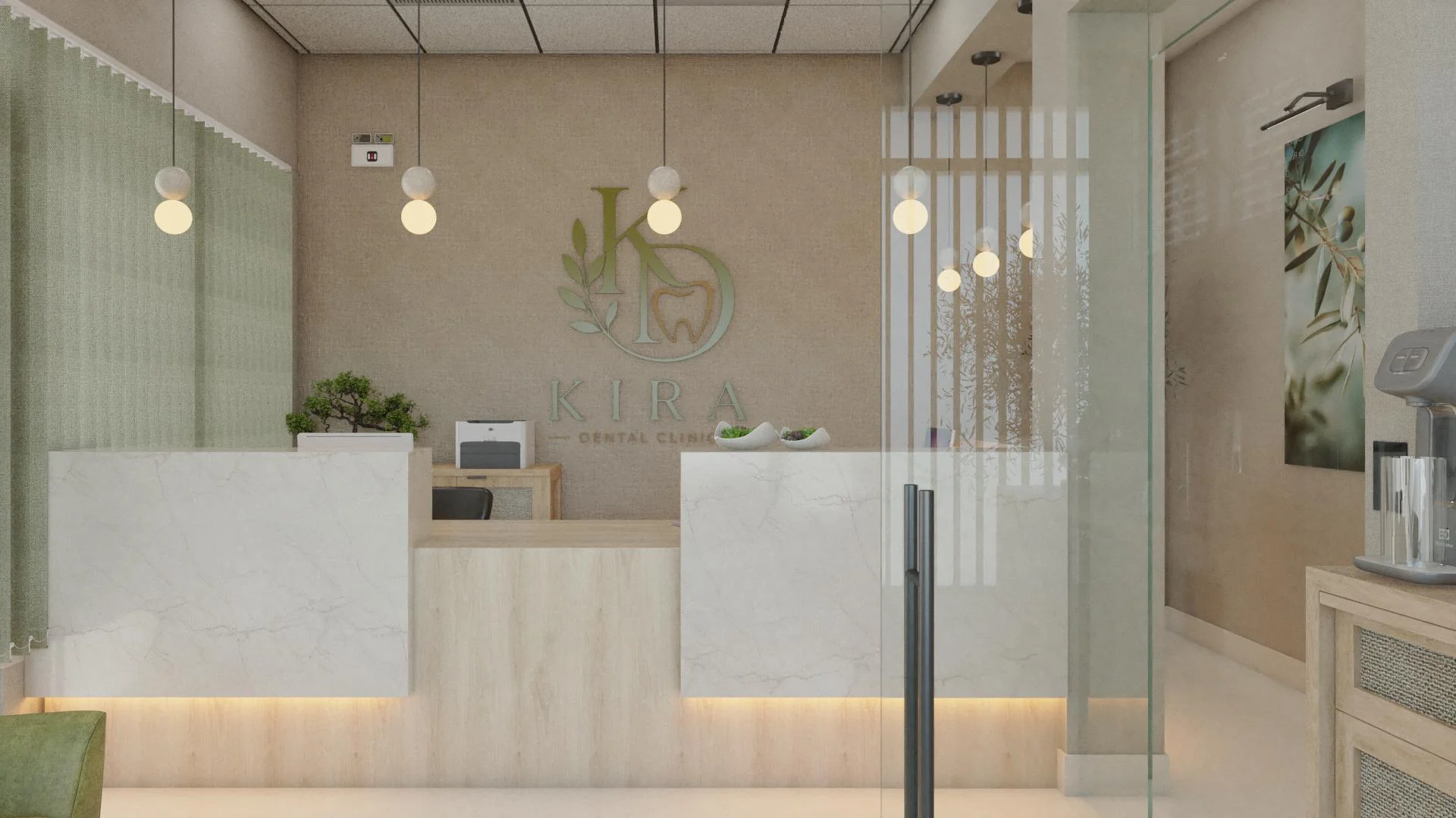 Kira Dental Clinic — Reception with a white veined counter under globe pendants and a green logo on a linen-textured wall