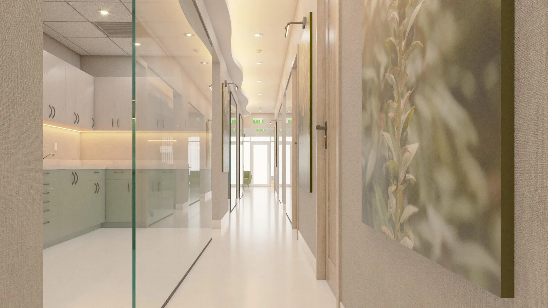 Kira Dental Clinic — Corridor with a glass wall onto a room with pale green cabinets and a large botanical print on the right