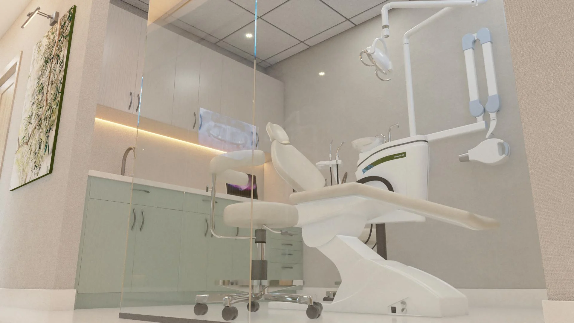 Kira Dental Clinic — Treatment room seen through a glass panel, with a white dental chair and pale green base cabinets