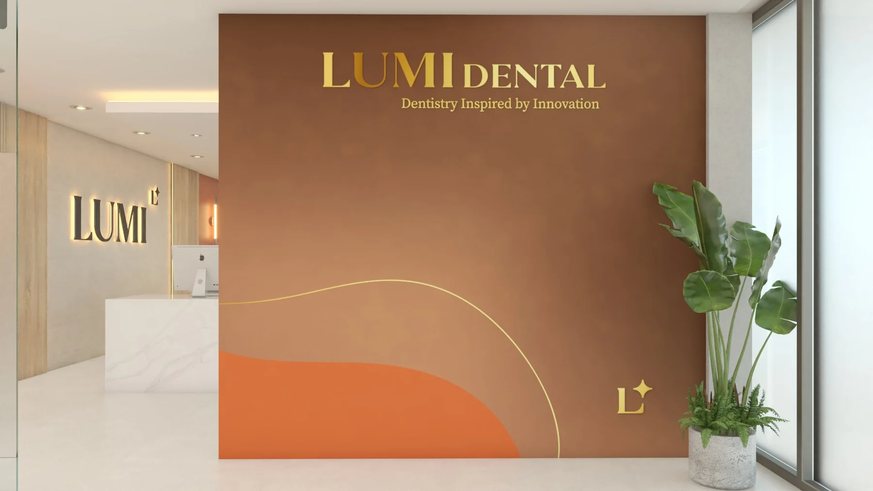 LUMI Dental — Copper-toned wall with gold “LUMI Dental” lettering and an orange wave, the reception beyond