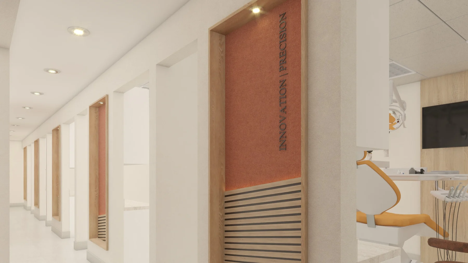 LUMI Dental — Corridor of wood-framed terracotta panels with slats, one lettered “Innovation | Precision”, by a treatment room