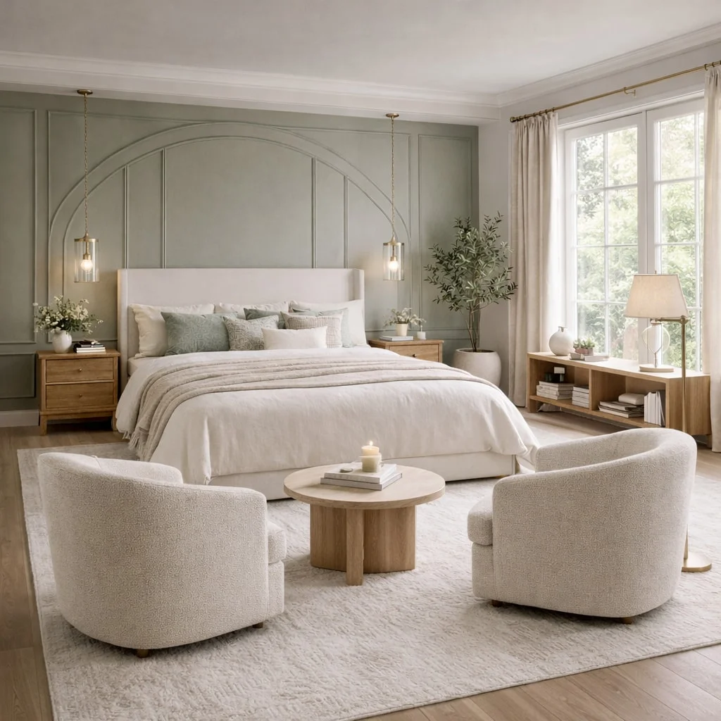 Maison Veranda — Bedroom with a sage-green paneled wall with arched molding and two textured armchairs around a round wood table