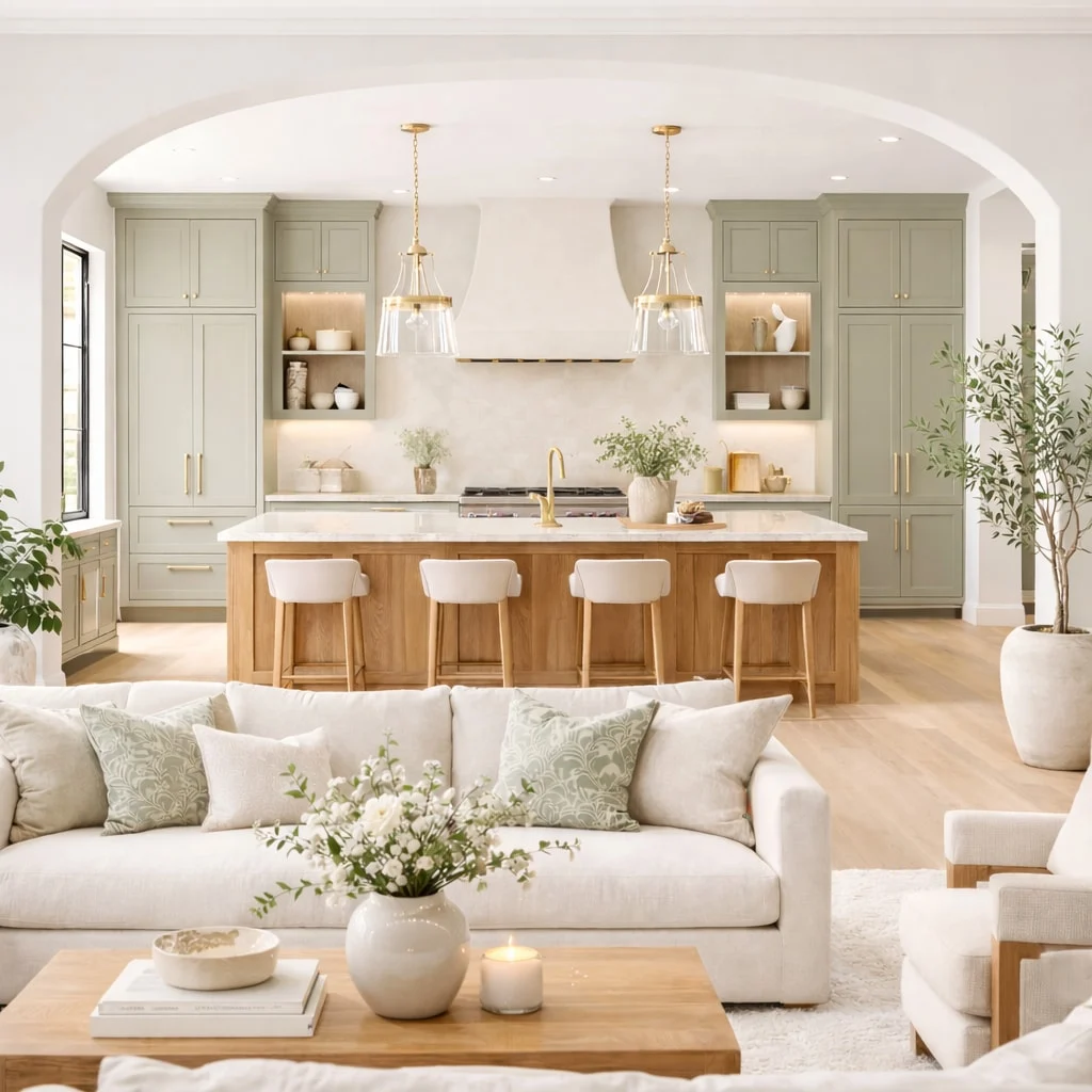 Maison Veranda — Living room with a white sofa and sage leaf-print cushions in front of an arch framing the kitchen island