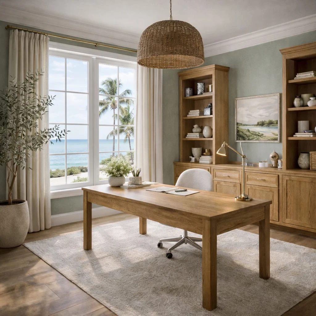 Maison Veranda — Home office with a wood desk under a woven pendant, wood bookcases and a window facing the sea