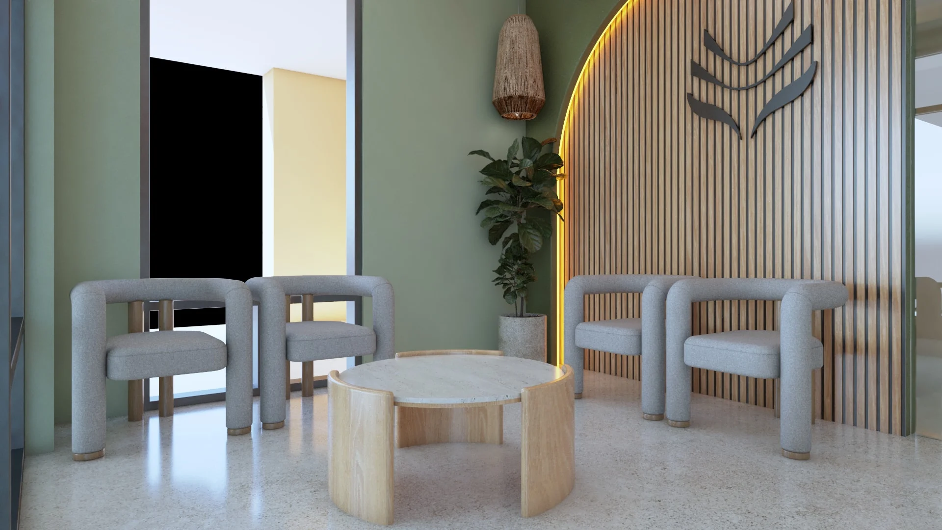 Nüe Dental Clinic — Waiting area with four gray armchairs around a round wood-and-stone table beside the emblem wall