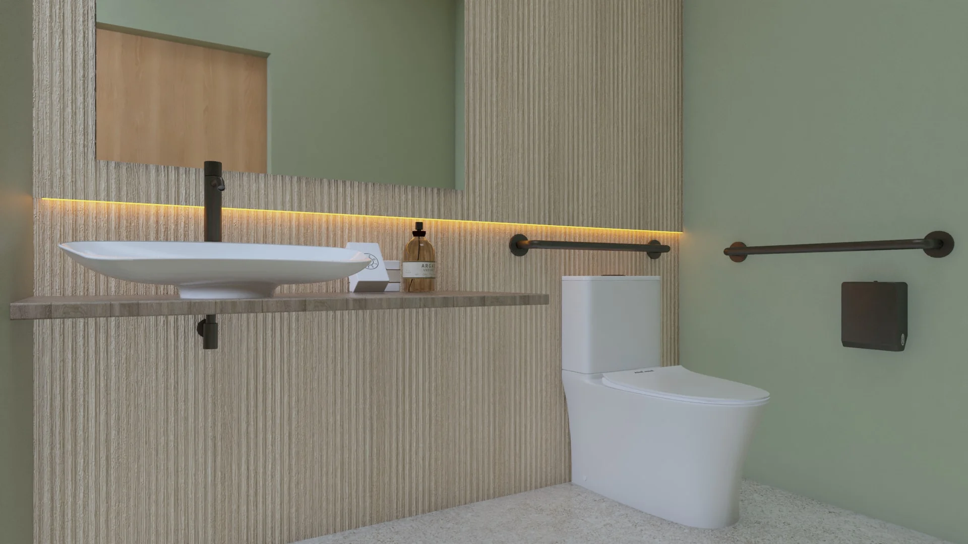 Nüe Dental Clinic — Restroom with a white vessel sink on a wood shelf, a ribbed wall with a warm light strip and sage walls