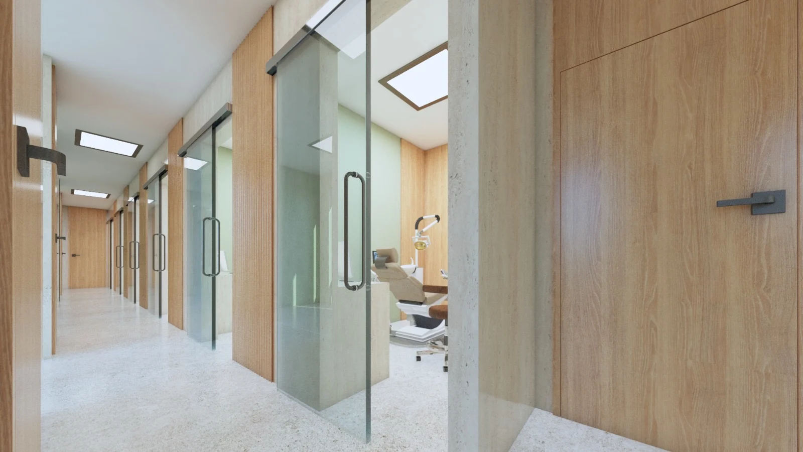 Nüe Dental Clinic — Corridor of glass sliding doors between wood-slat panels, one open to a treatment room with a dental chair