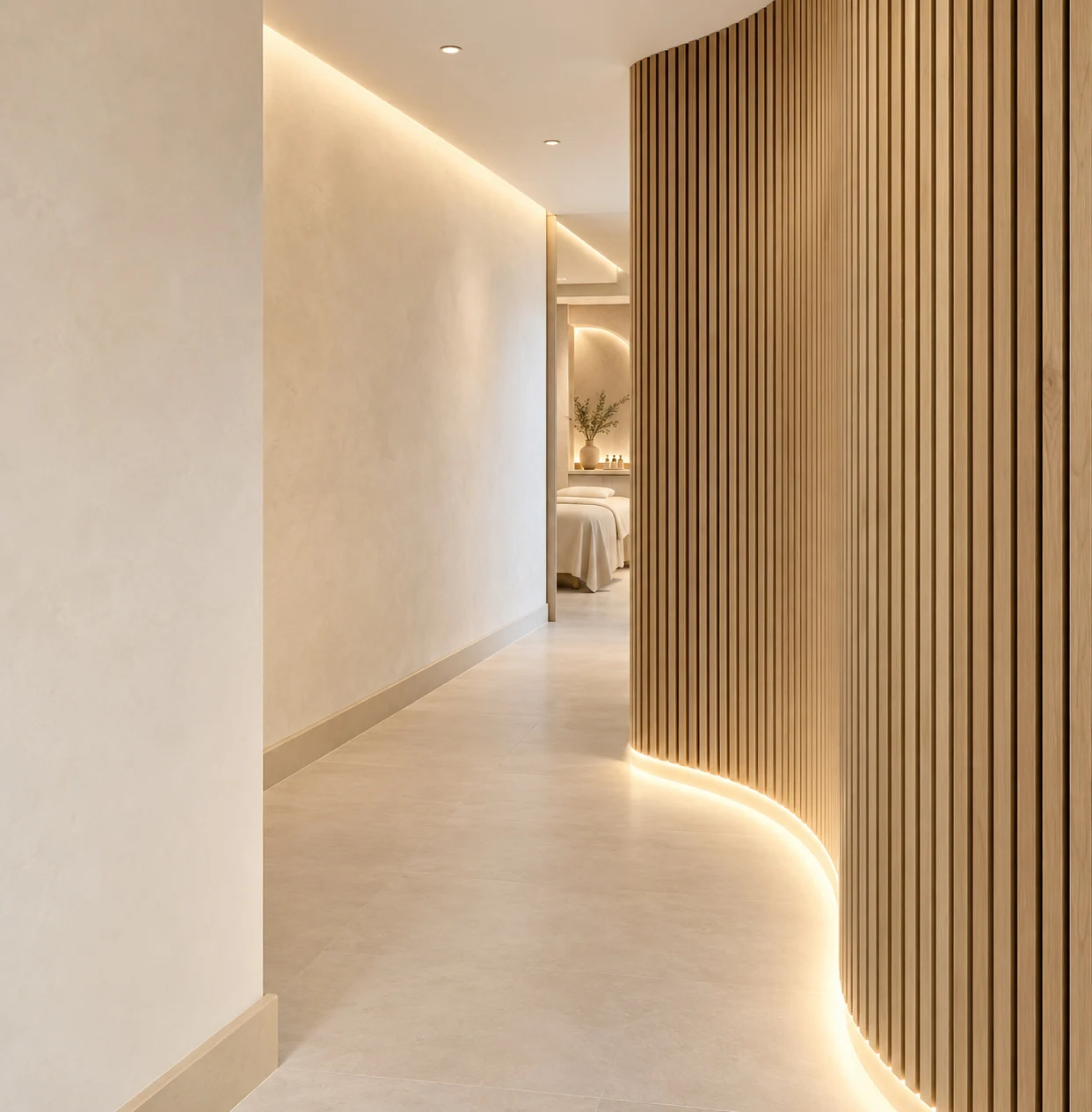 Olea Spa — Corridor along a curved wall of vertical timber slats lit from the floor, leading to a treatment room