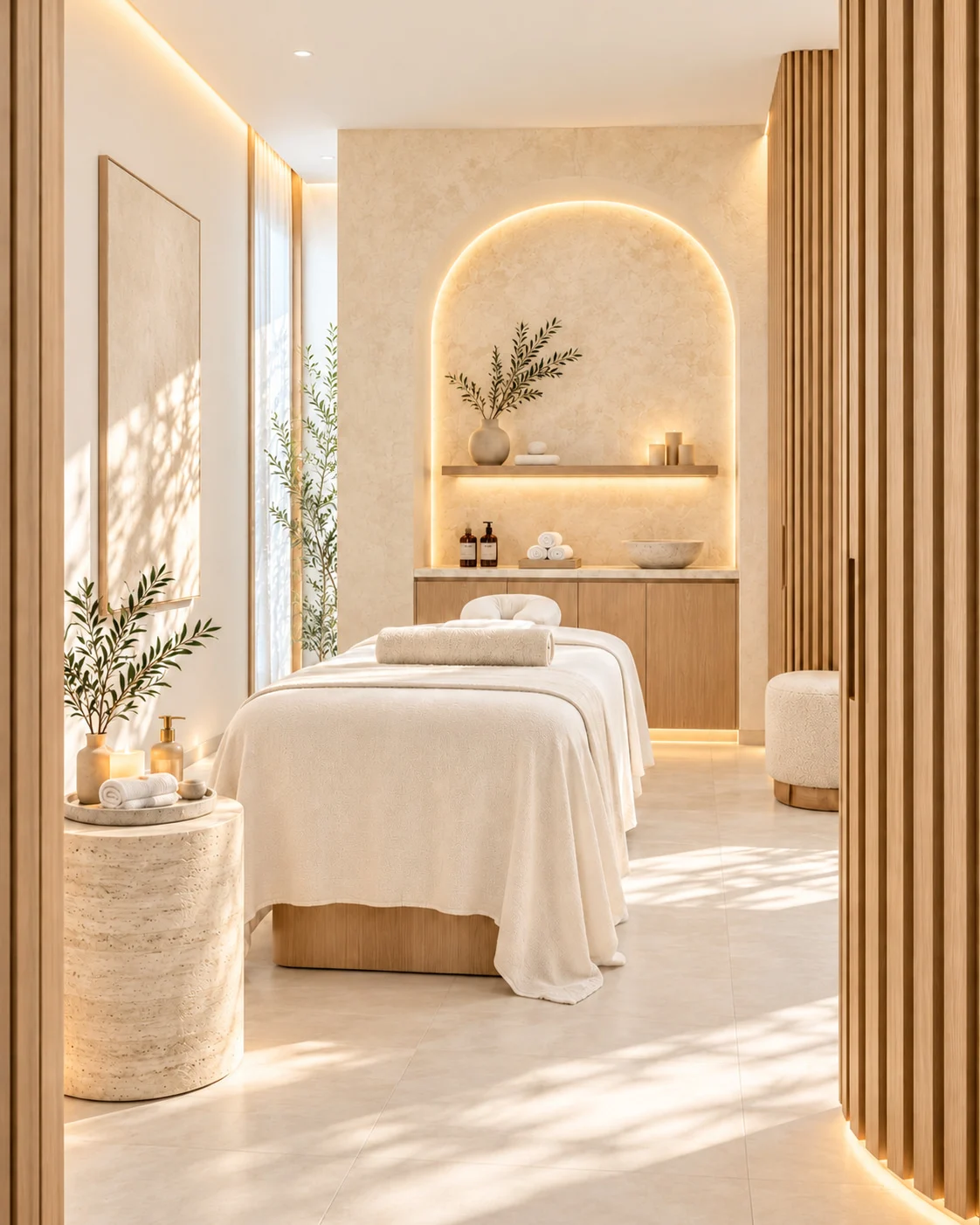 Olea Spa — Treatment room with a draped massage bed in front of a backlit arched niche, seen between timber-slat screens
