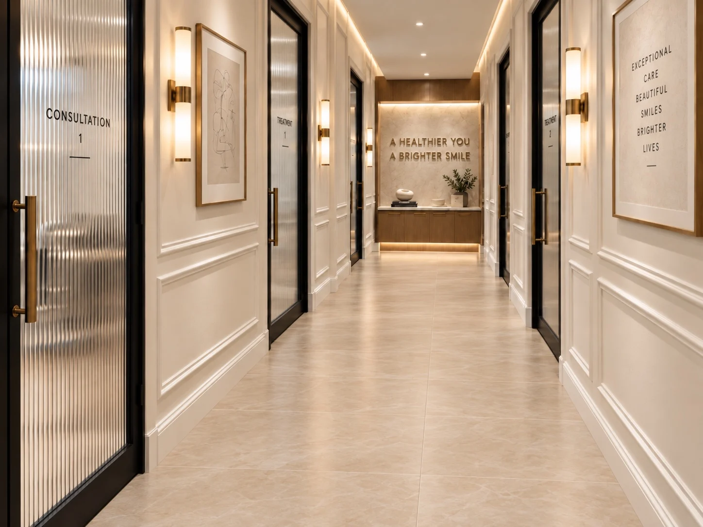 Park Avenue Dental — Corridor with ribbed-glass doors and brass-toned sconces leading to a wall reading “A healthier you a brighter smile”