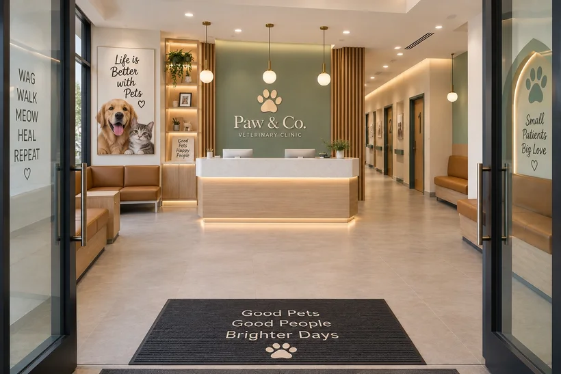 Paw & Co. Veterinary Clinic — Reception seen from the entrance, with a wood desk, a sage-green logo wall and caramel upholstered benches