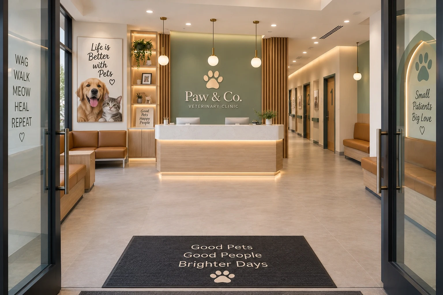 Paw & Co. Veterinary Clinic — Reception seen from the entrance, with a wood desk, a sage-green logo wall and caramel upholstered benches