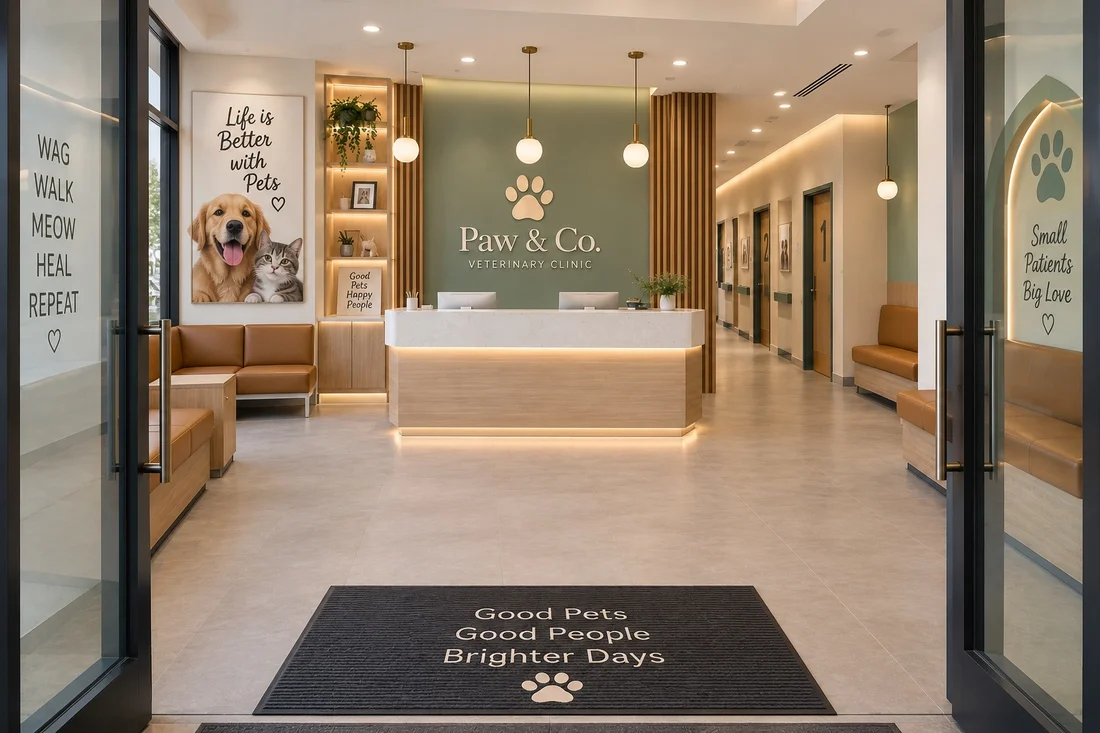 Paw & Co. Veterinary Clinic — Reception seen from the entrance, with a wood desk, a sage-green logo wall and caramel upholstered benches
