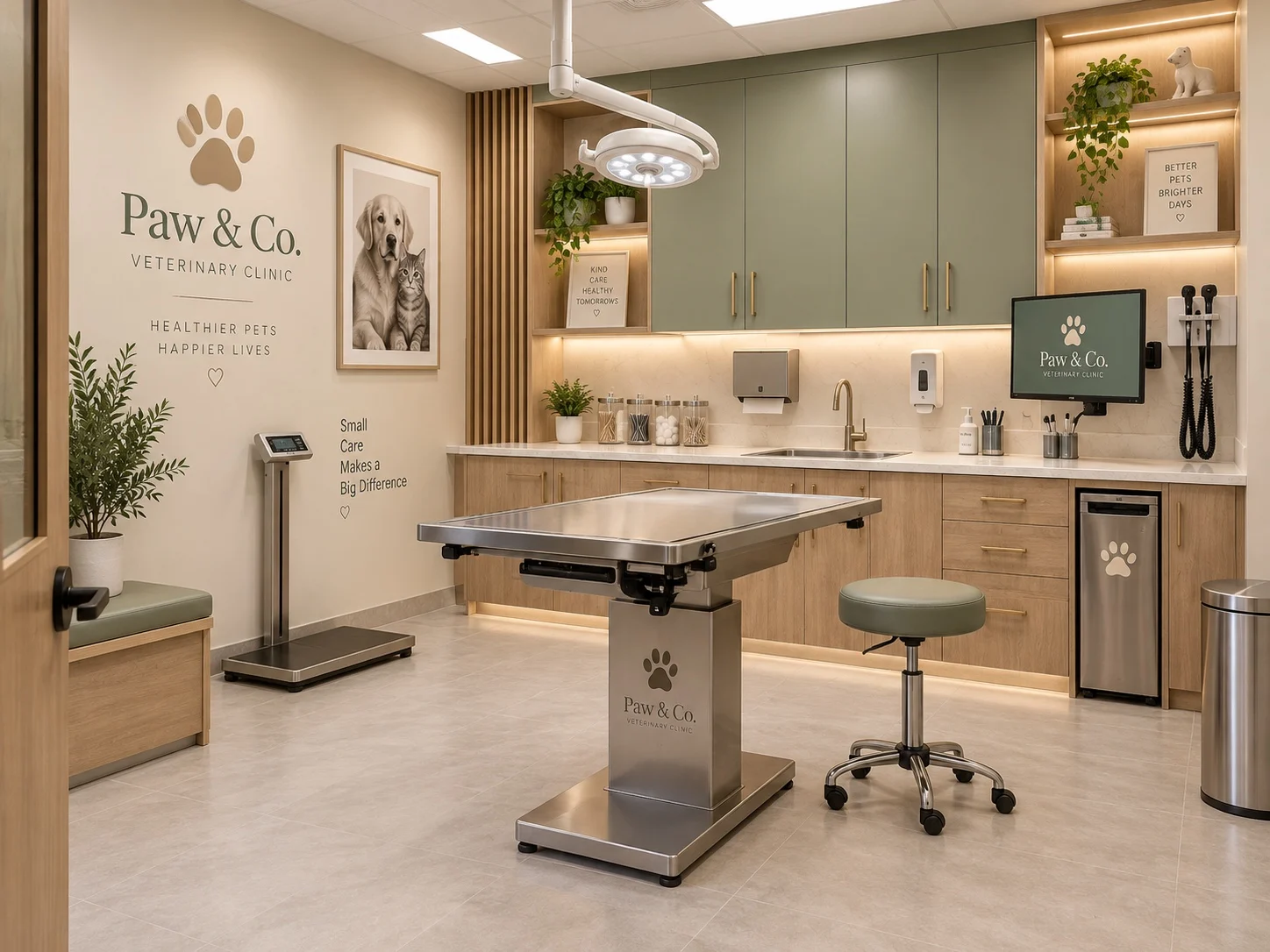 Paw & Co. Veterinary Clinic — Exam room with a floor scale, a stainless steel table under an exam light and sage-green cabinets