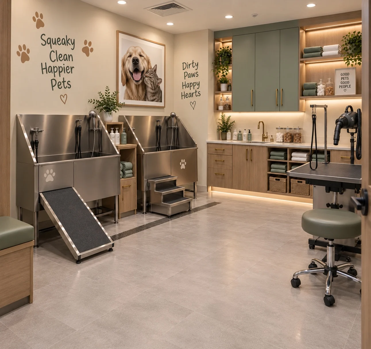 Paw & Co. Veterinary Clinic — Grooming room with two stainless steel tubs, a ramp and steps, and a table with a hose dryer