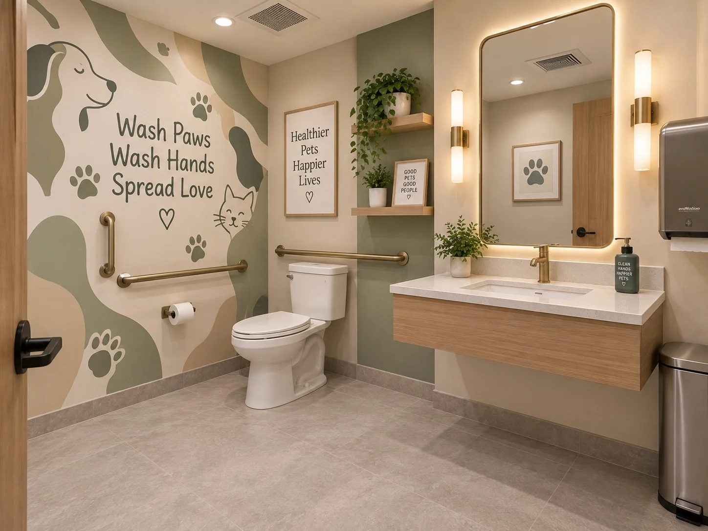 Paw & Co. Veterinary Clinic — Restroom with a mural reading “Wash Paws Wash Hands Spread Love”, a floating wood vanity and a lit mirror