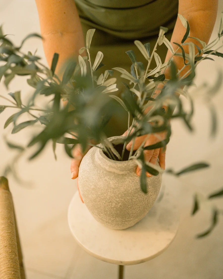 Olive branches in a hand-thrown ceramic vase