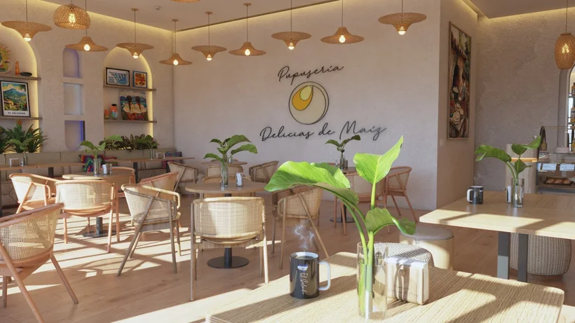 Pupusería Delicias de Maíz — Dining room facing the script logo wall, with cane-back chairs, woven pendants and a steaming mug