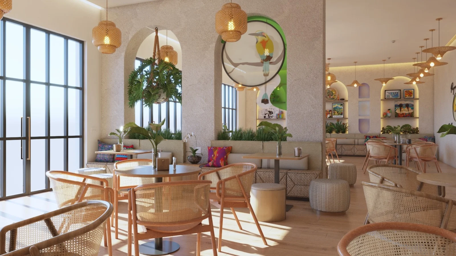 Pupusería Delicias de Maíz — Dining room beside black-framed glass doors, with a hanging plant in an arch and a round bird artwork