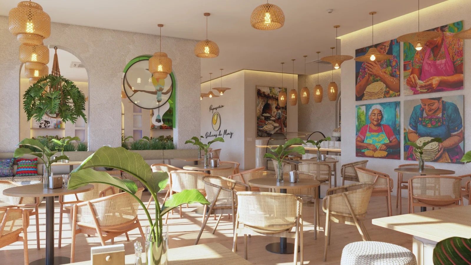 Pupusería Delicias de Maíz — Wide view of cane-back chairs under woven pendants, with four large paintings on the right and the logo beyond