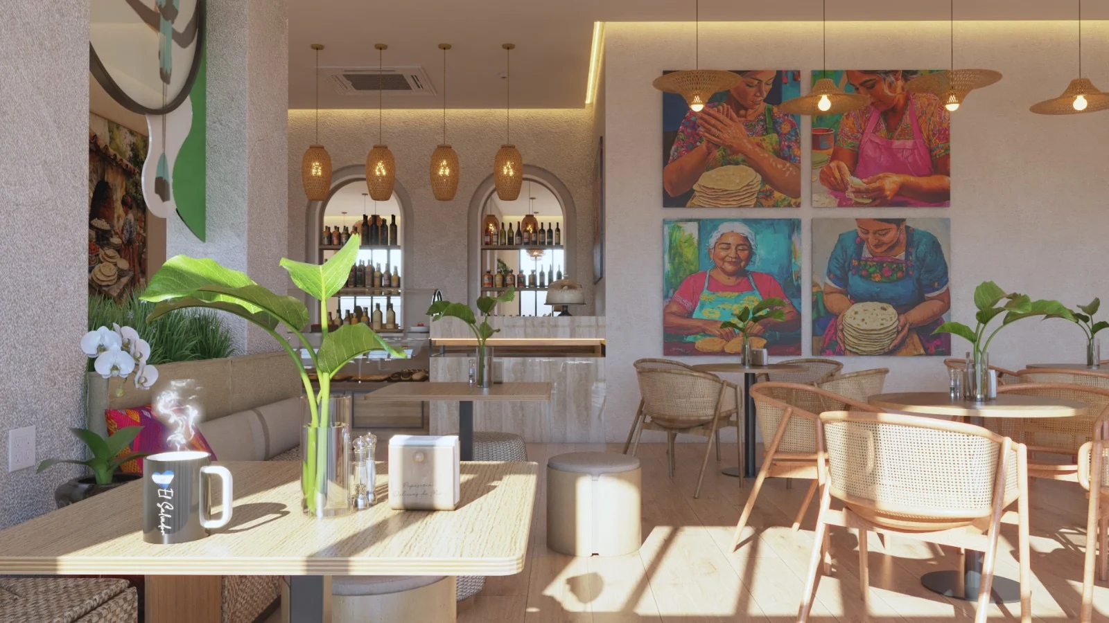 Pupusería Delicias de Maíz — Table with a steaming mug beside white orchids, facing the bar with bottles in arched niches