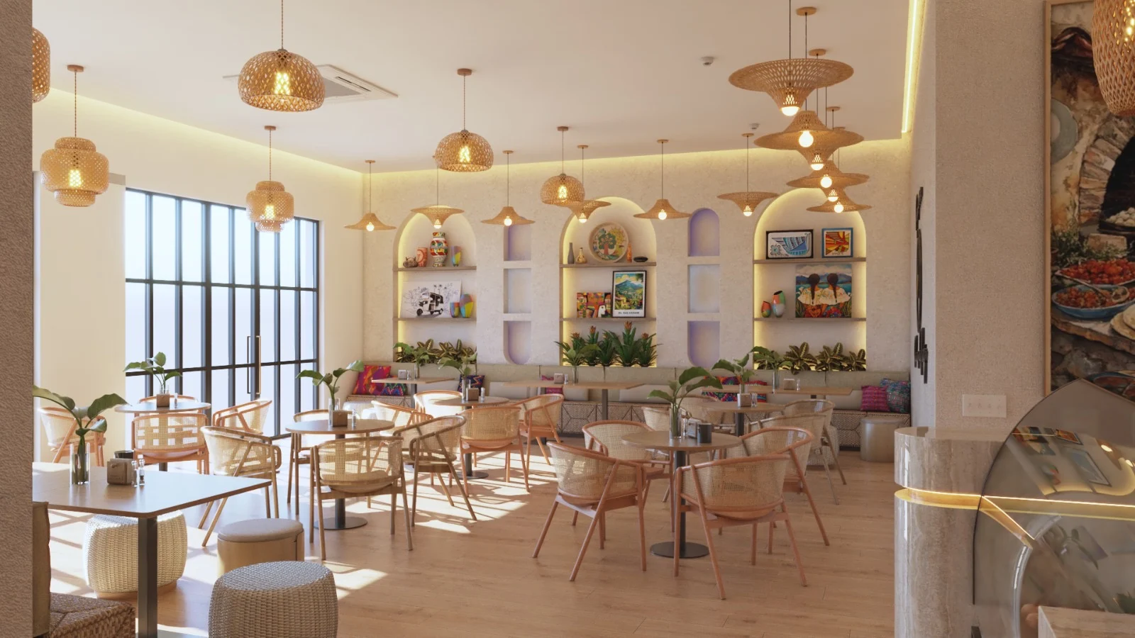 Pupusería Delicias de Maíz — Dining room with arched shelving niches full of colorful ceramics and prints, cane-back chairs and tall windows