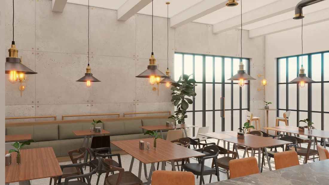 Restaurant & Bar — Dining room with wood tables, an olive-green banquette against a concrete-look wall and black-framed windows