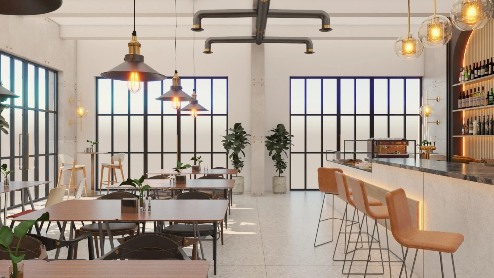 Restaurant & Bar — Dining room with wood tables beside a bar lined with tan stools and backlit bottle shelves