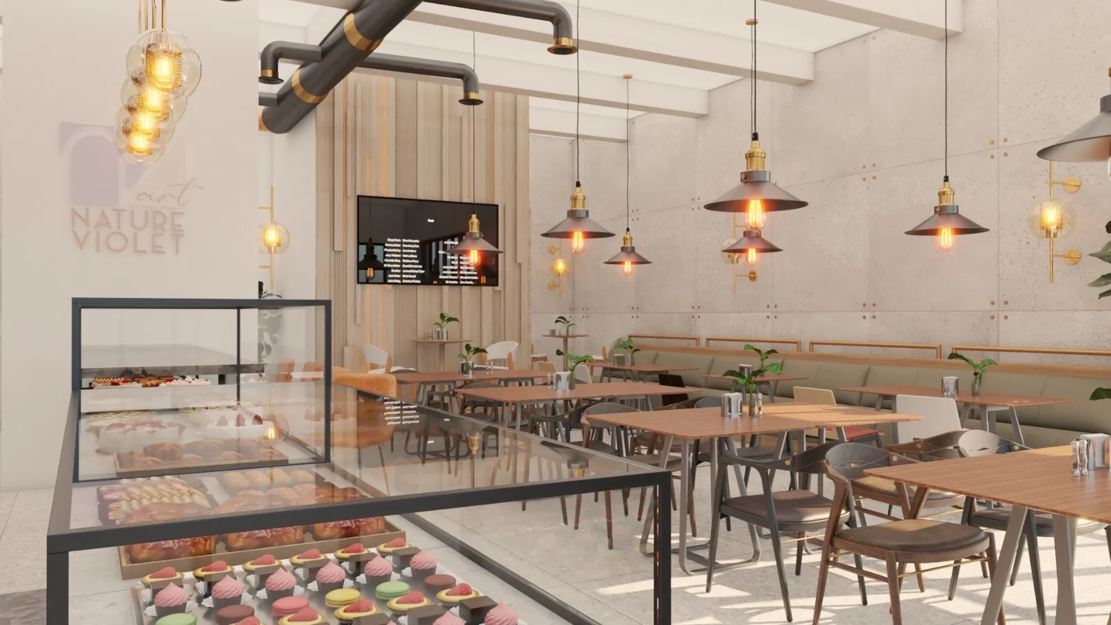 Restaurant & Bar — Glass pastry case with macarons and cupcakes in front of the dining room and its olive-green banquette