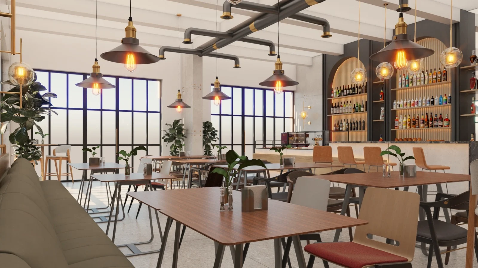 Restaurant & Bar — Dining room seen from the banquette toward black-framed windows and the arched back bar