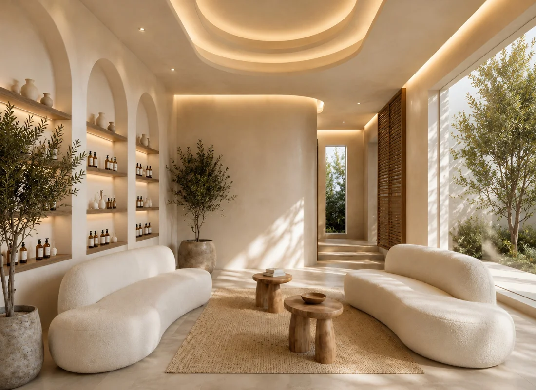 Savia Spa — Lounge with two curved white textured sofas, round wood side tables and arched niches with amber bottles