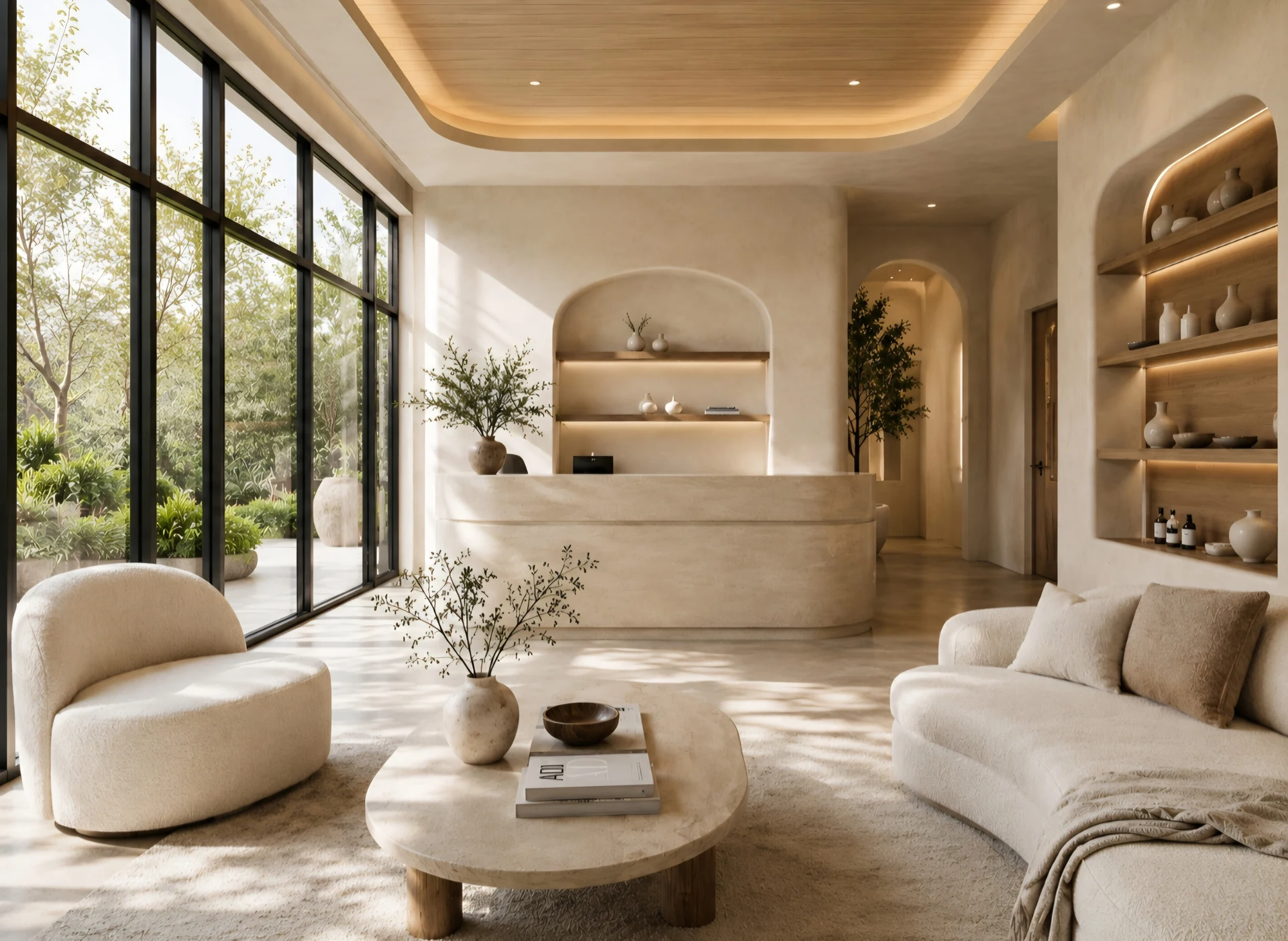 Spa & Wellness — Reception with a curved stone-look desk, lit arched niches with vases and a white armchair by tall windows