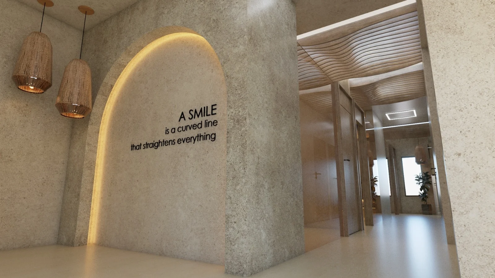 SDC — Smile Dental Center — Corridor entrance by a backlit arch lettered “A SMILE is a curved line that straightens everything”