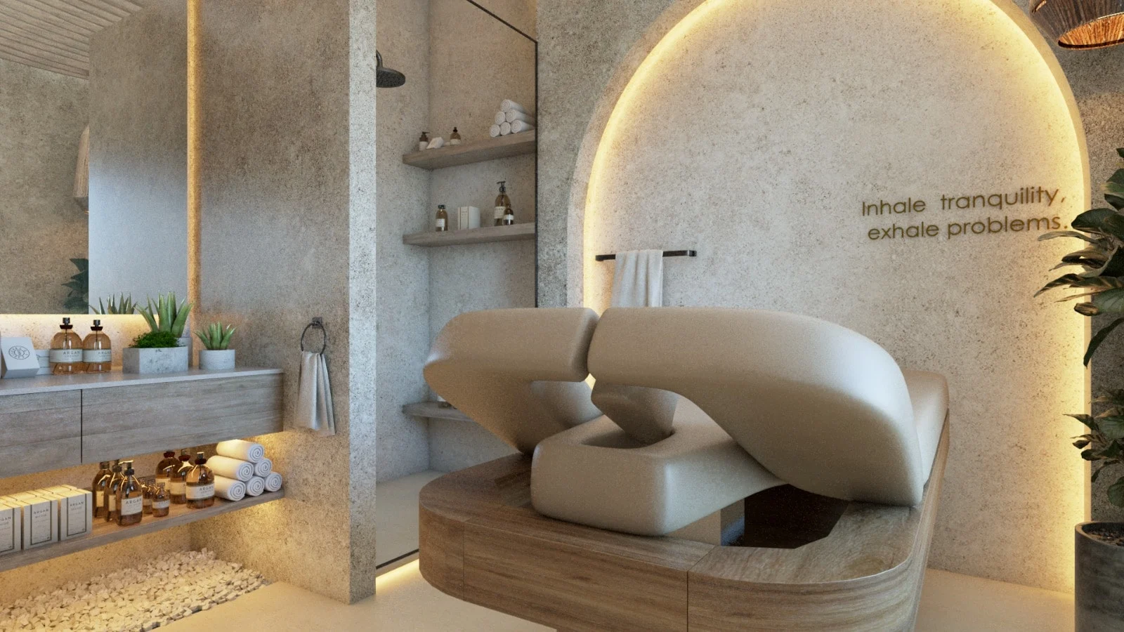 SDC — Smile Dental Center — Treatment room where an arch lettered “Inhale tranquility, exhale problems.” frames a sculpted beige bed
