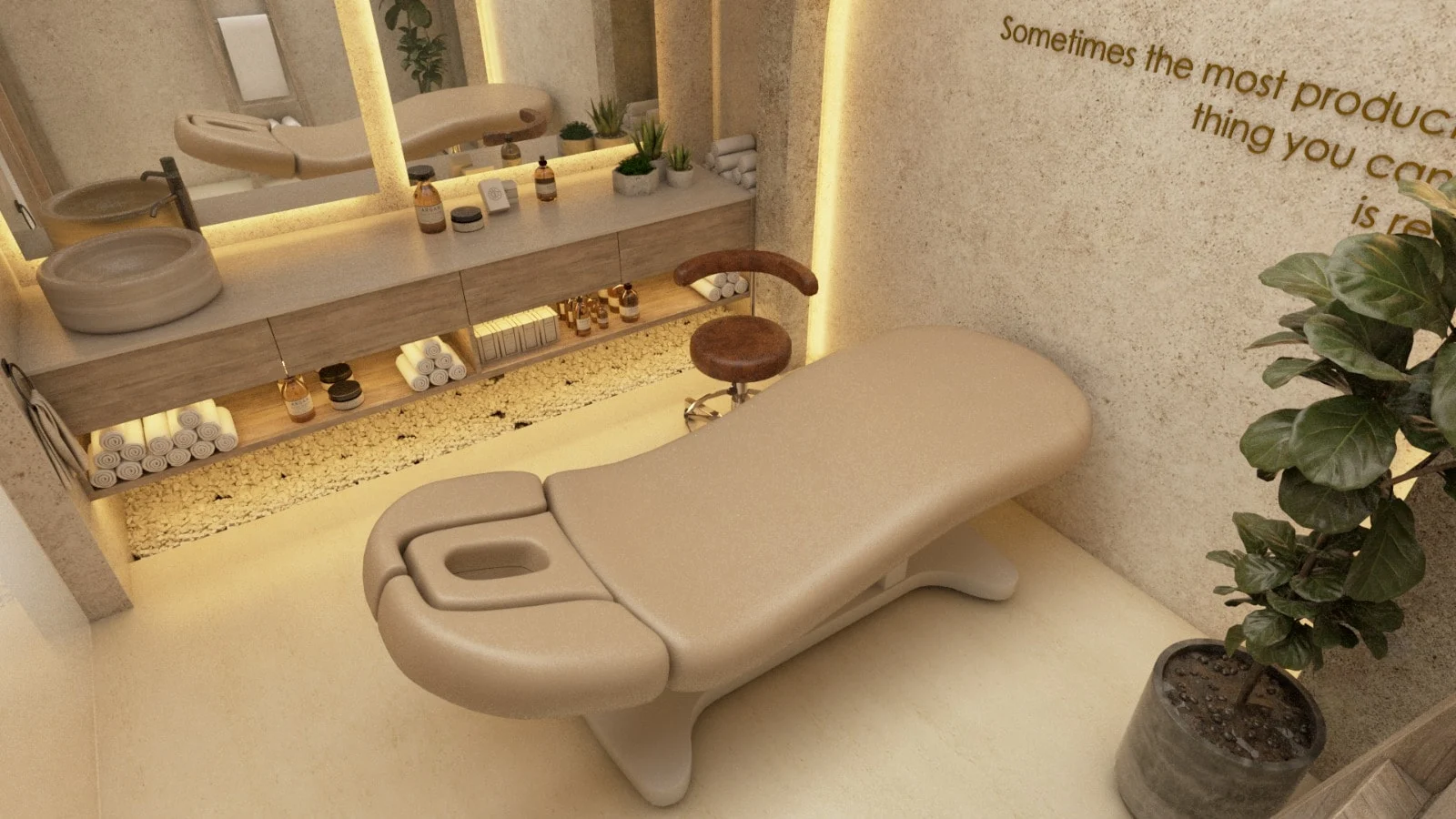SDC — Smile Dental Center — High-angle view of a treatment room with a beige bed, vessel sinks and backlit shelves over pebbles