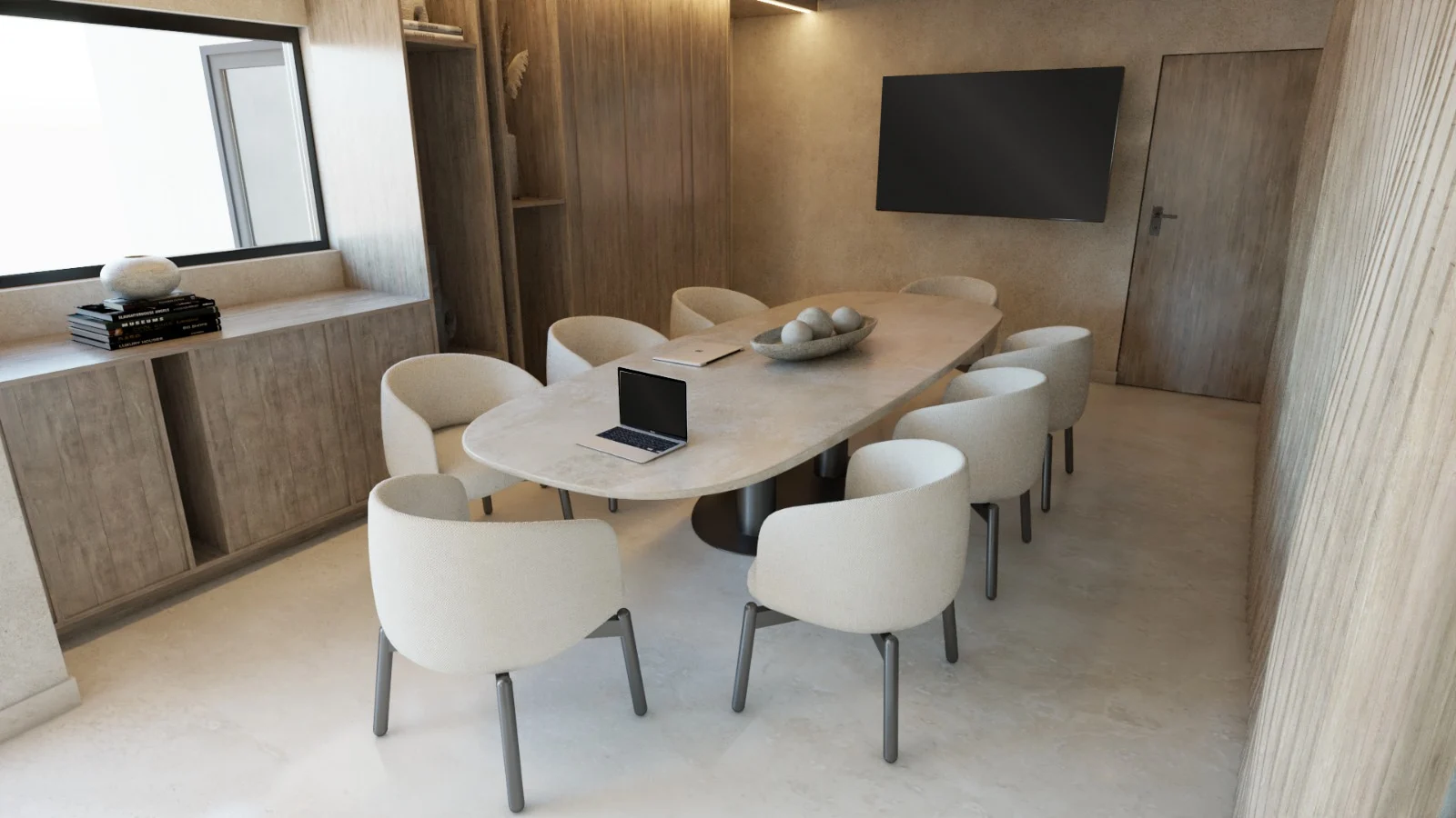 SDC — Smile Dental Center — Meeting room with an oval stone-look table, eight cream upholstered chairs and wood-paneled walls