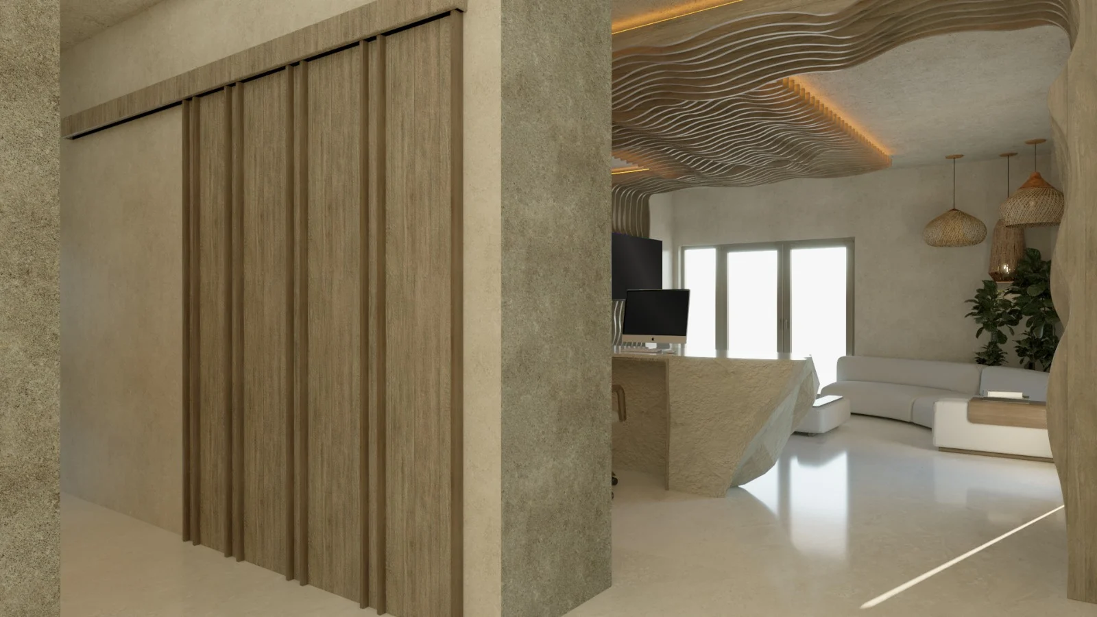 SDC — Smile Dental Center — View from the corridor toward reception, past a timber sliding door and a ceiling of rippling wood slats