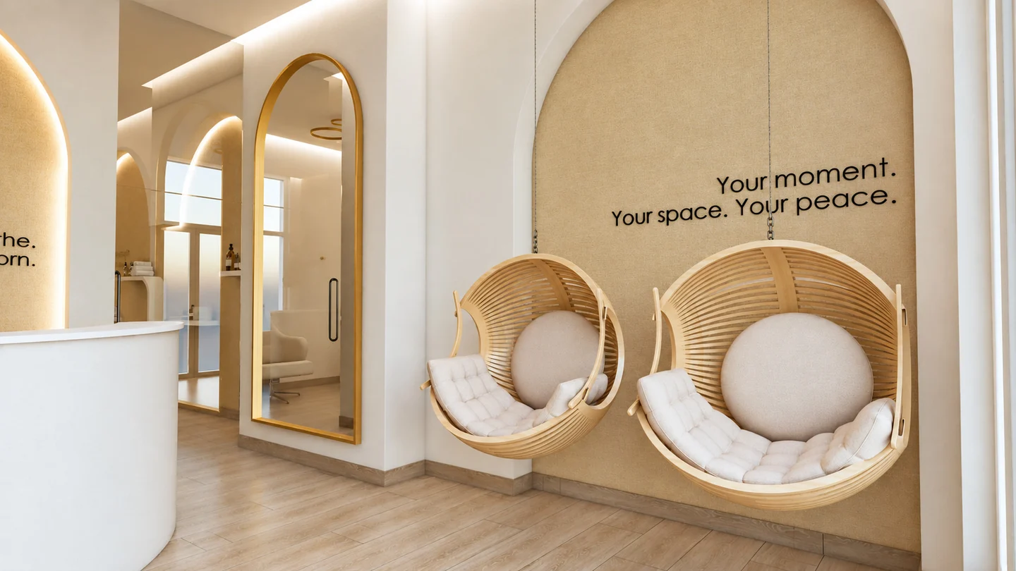 Soji Medspa — Lounge where two hanging wood-slat pod chairs sit under “Your moment. Your space. Your peace.” in an arched niche