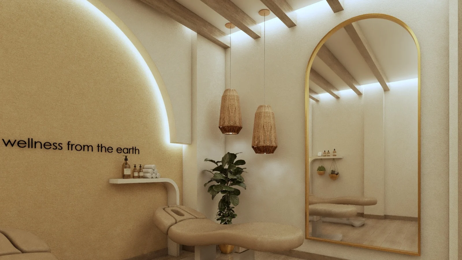 Soji Medspa — Treatment room with a beige bed under woven pendant lamps and a tall gold-framed arched mirror