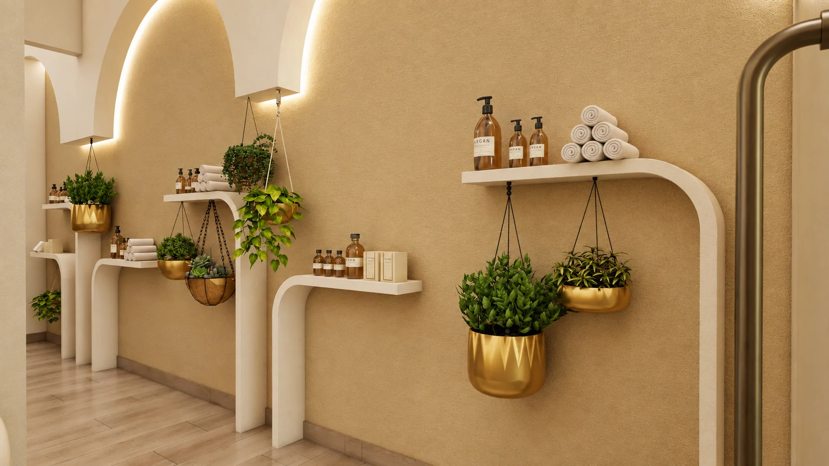 Soji Medspa — Curved white wall shelves with amber bottles, rolled towels and hanging plants in brass-toned pots