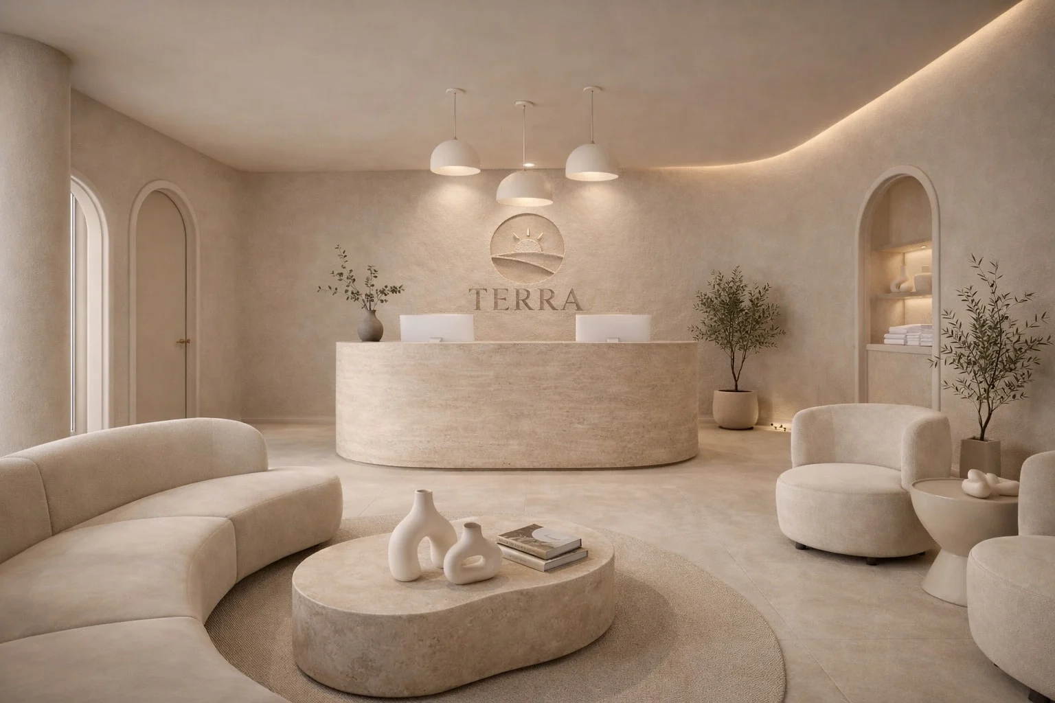 TERRA Spa — Reception with a curved stone-look desk below the “TERRA” sun logo and three white dome pendants